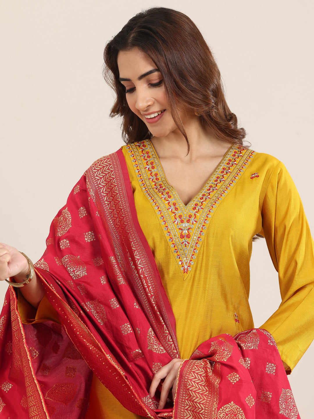 Mustard Embroidered Silk Blend Straight Suit With Dupatta