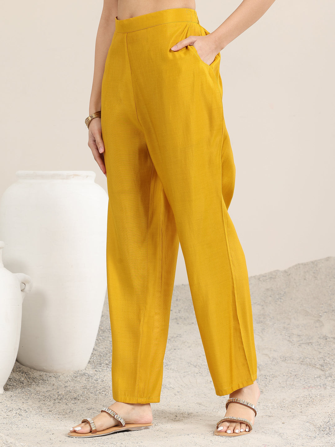 Mustard Embroidered Silk Blend Straight Suit With Dupatta