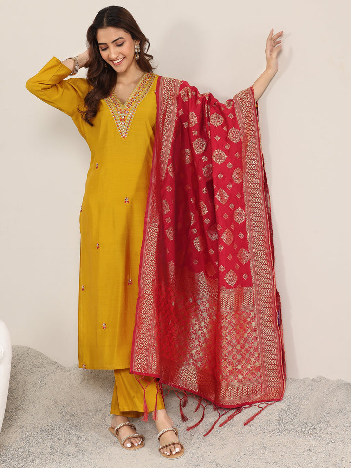 Mustard Embroidered Silk Blend Straight Suit With Dupatta