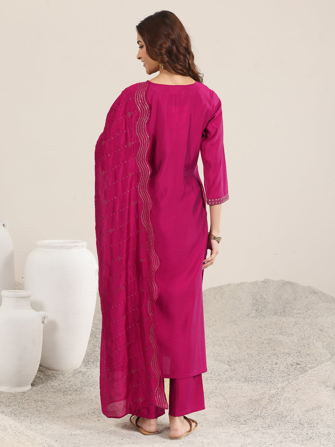Burgundy Yoke Design Silk Blend Straight Suit With Dupatta