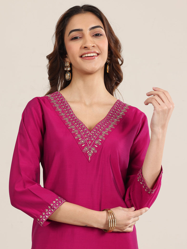 Burgundy Yoke Design Silk Blend Straight Suit With Dupatta