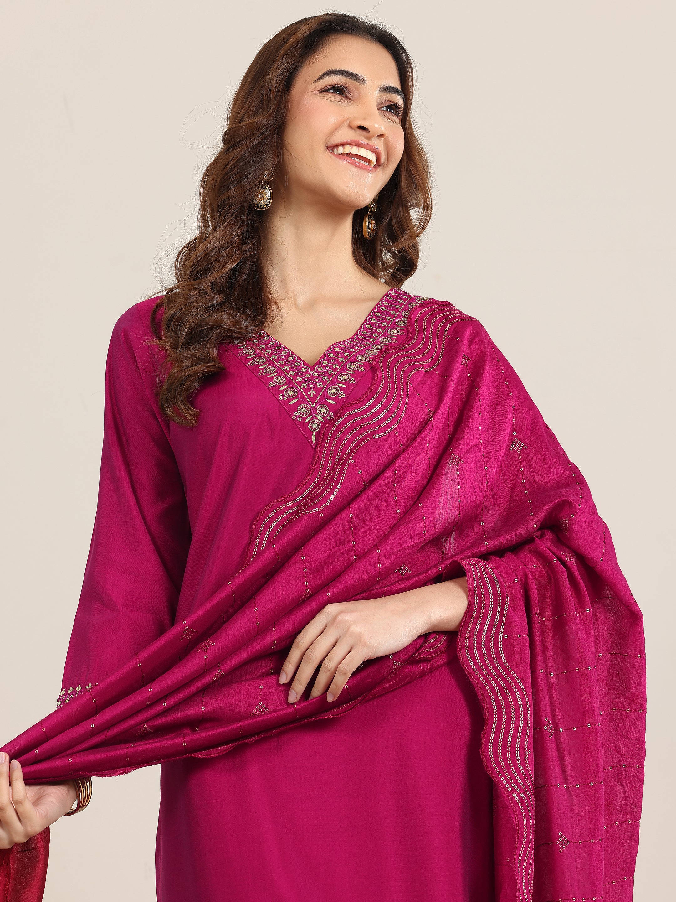 Purple Yoke Design Silk Blend Straight Suit Set With Dupatta