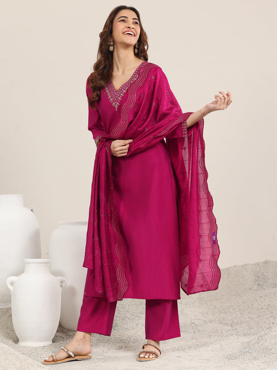 Burgundy Yoke Design Silk Blend Straight Suit With Dupatta