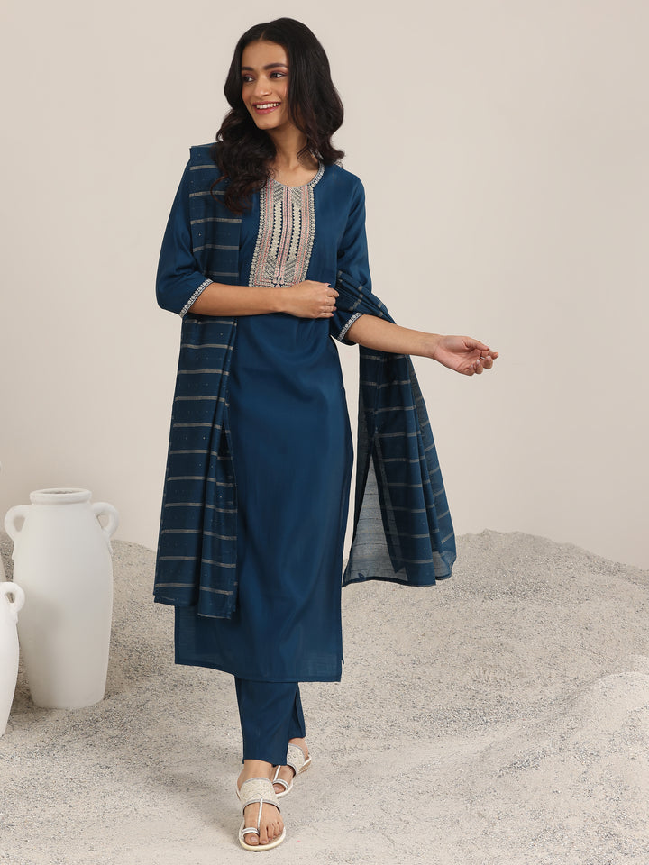 Blue Yoke Design Silk Blend Straight Suit With Dupatta