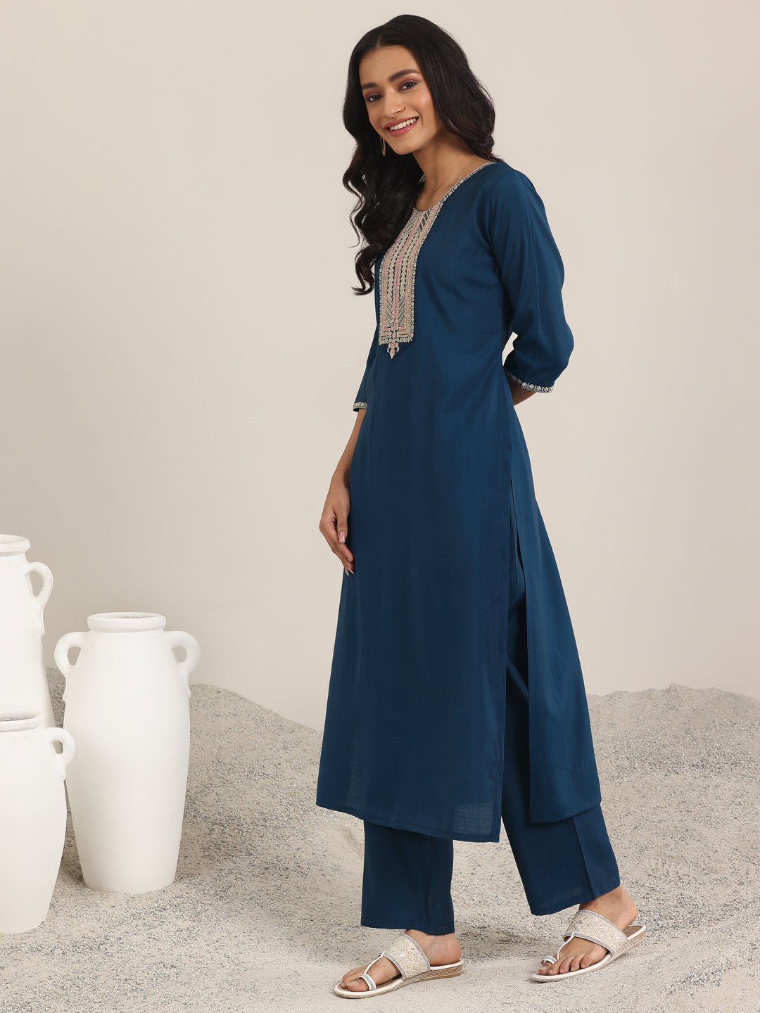 Blue Yoke Design Silk Blend Straight Suit With Dupatta