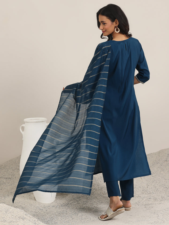 Blue Yoke Design Silk Blend Straight Suit With Dupatta