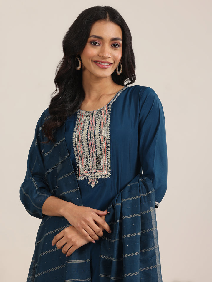 Blue Yoke Design Silk Blend Straight Suit With Dupatta