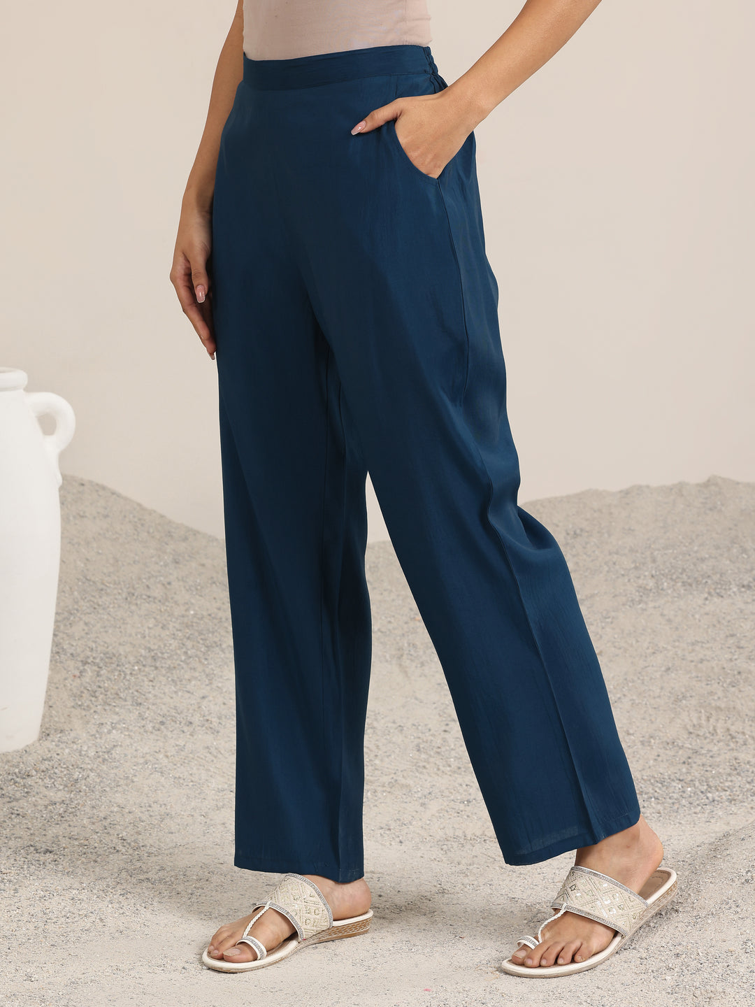 Blue Yoke Design Silk Blend Straight Suit With Dupatta