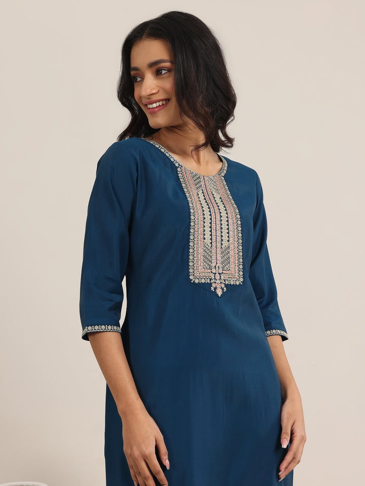 Blue Yoke Design Silk Blend Straight Suit With Dupatta