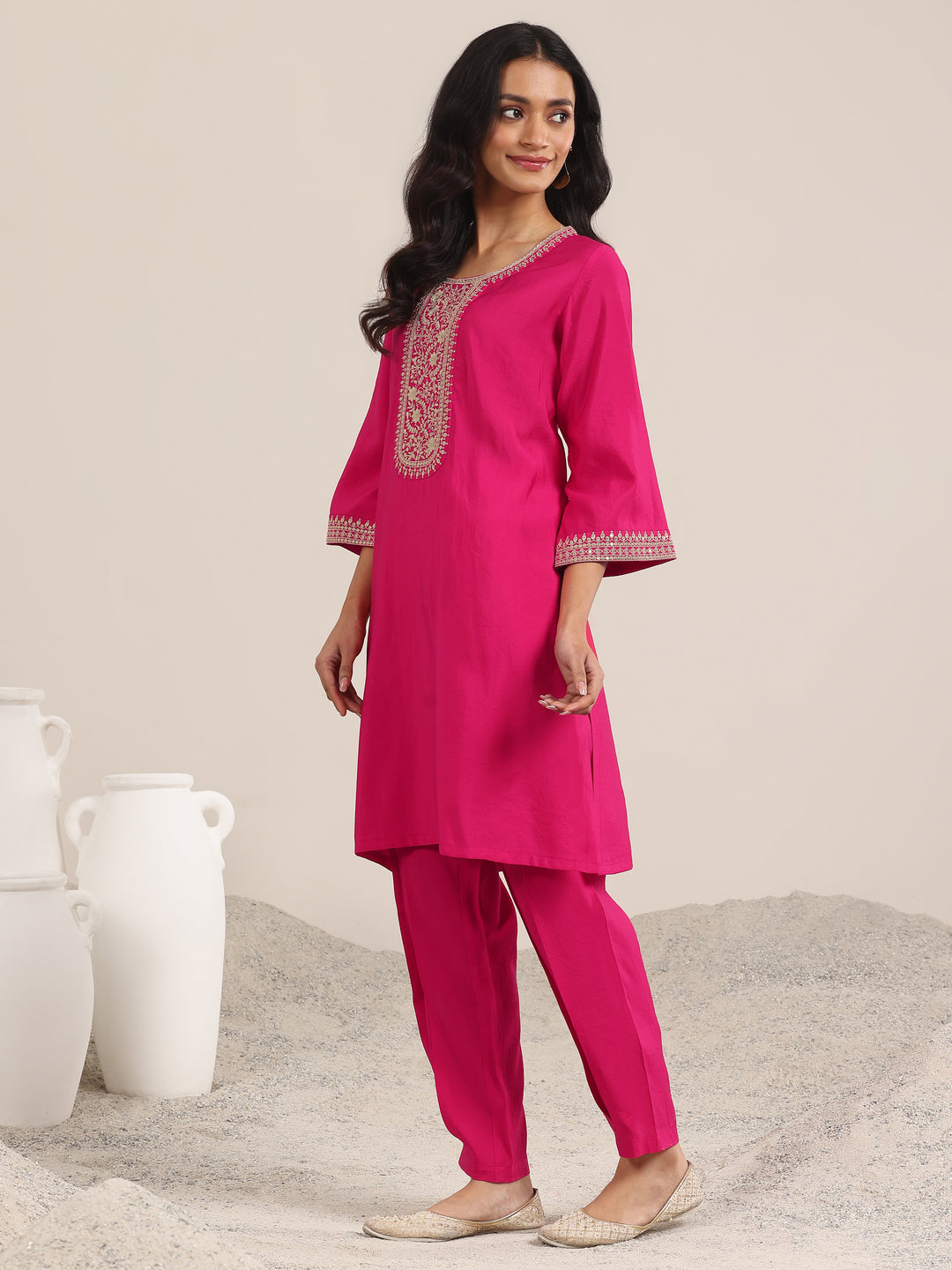 Pink Yoke Design Silk Blend Straight Suit With Dupatta