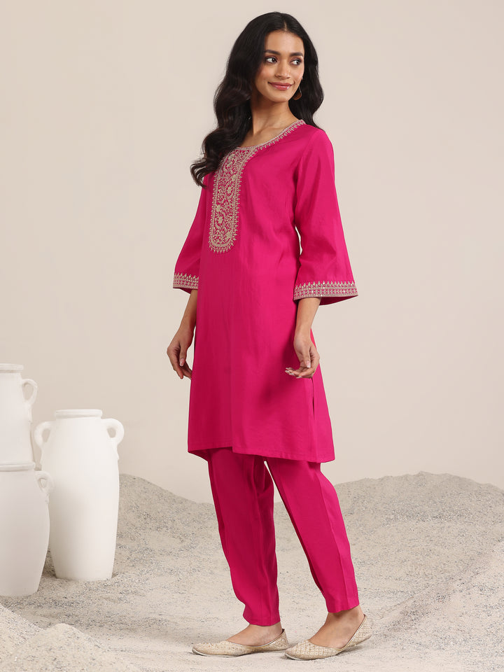 Pink Yoke Design Silk Blend Straight Suit With Dupatta