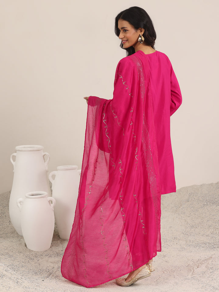 Pink Yoke Design Silk Blend Straight Suit With Dupatta
