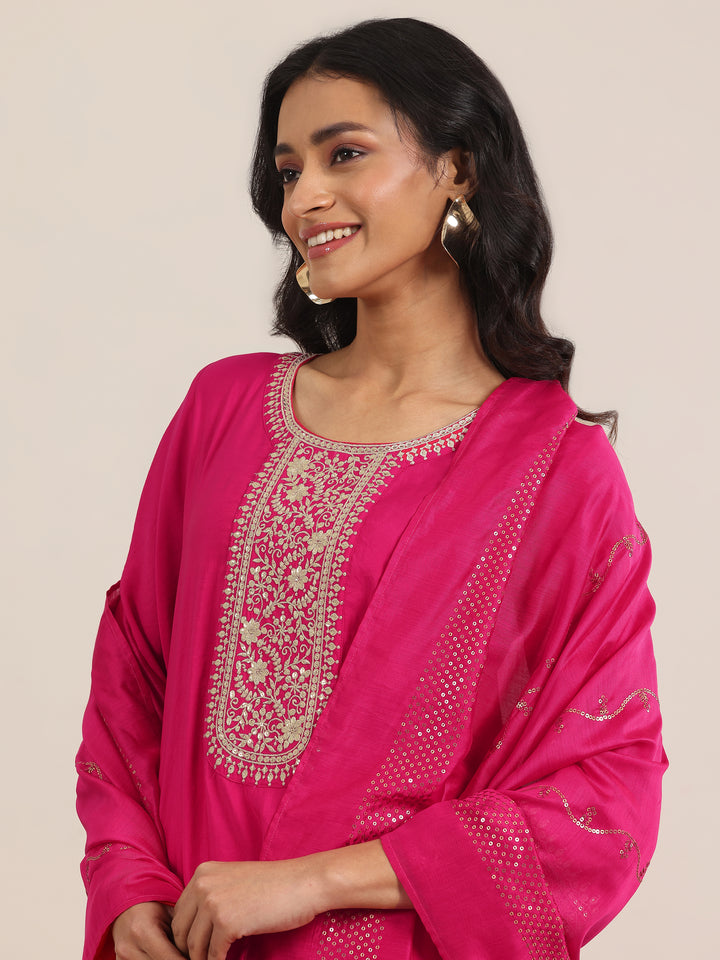 Pink Yoke Design Silk Blend Straight Suit With Dupatta