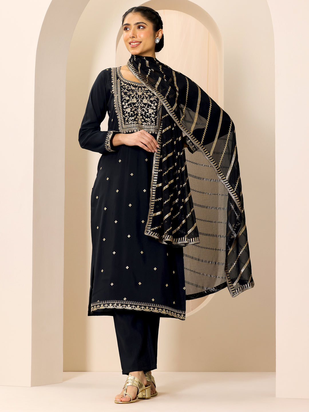 Black Embroidered Silk Blend Straight Suit Set With Dupatta