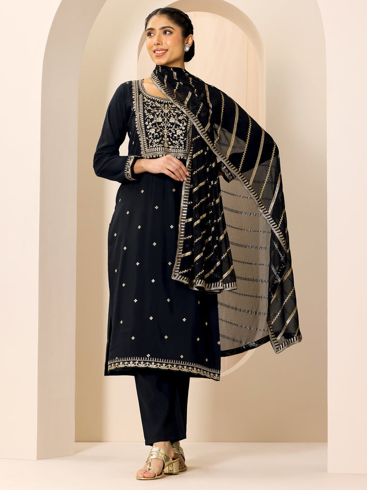 Black Embroidered Silk Blend Straight Suit Set With Dupatta