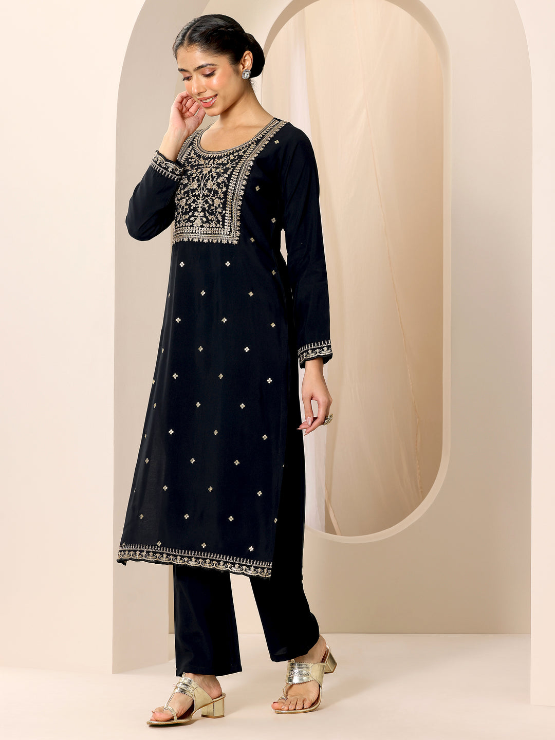 Black Embroidered Silk Blend Straight Suit Set With Dupatta