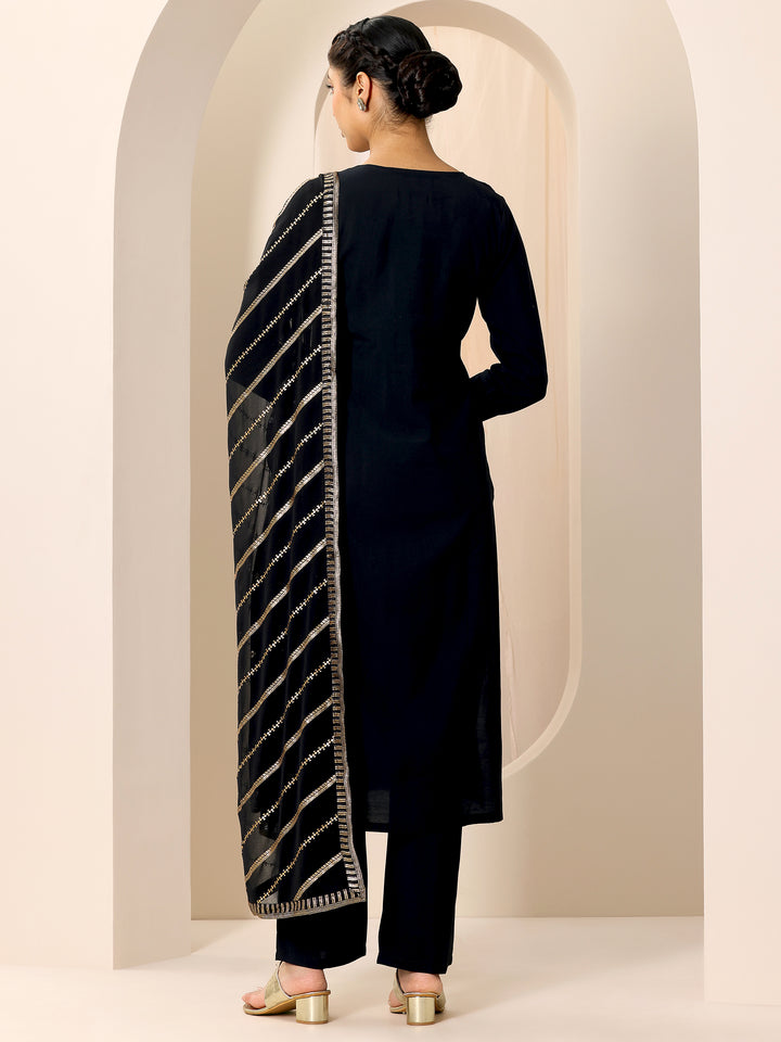 Black Embroidered Silk Blend Straight Suit Set With Dupatta