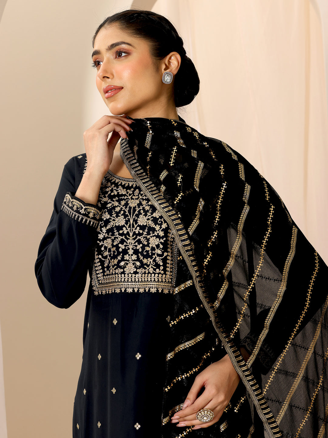 Black Embroidered Silk Blend Straight Suit Set With Dupatta