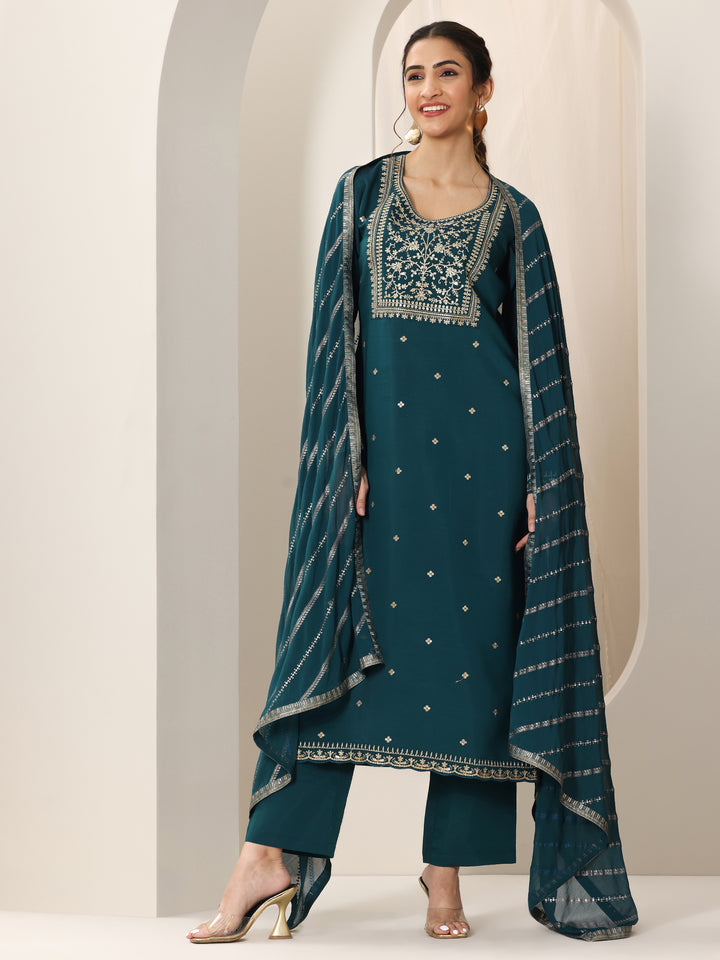 Blue Embroidered Silk Blend Straight Suit Set With Dupatta