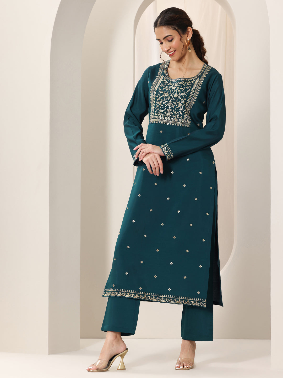 Blue Embroidered Silk Blend Straight Suit Set With Dupatta