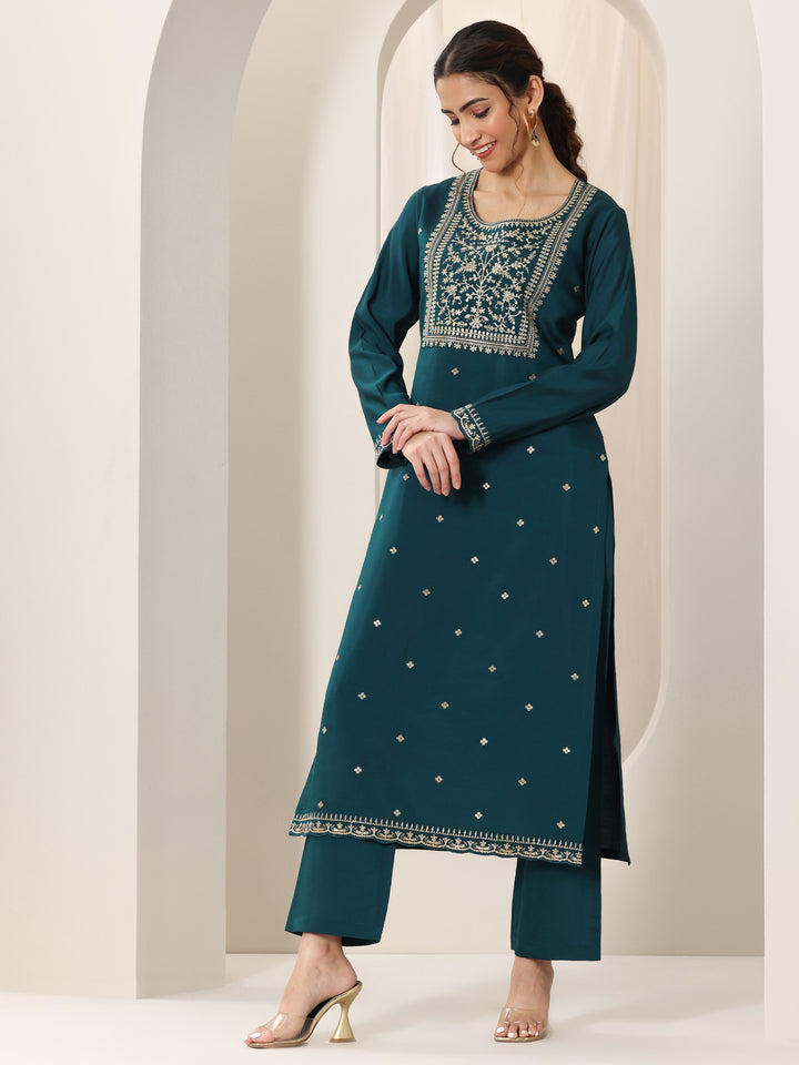 Blue Embroidered Silk Blend Straight Suit Set With Dupatta