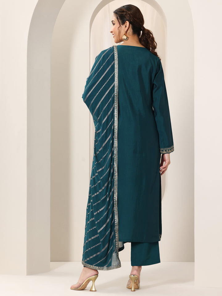 Blue Embroidered Silk Blend Straight Suit Set With Dupatta