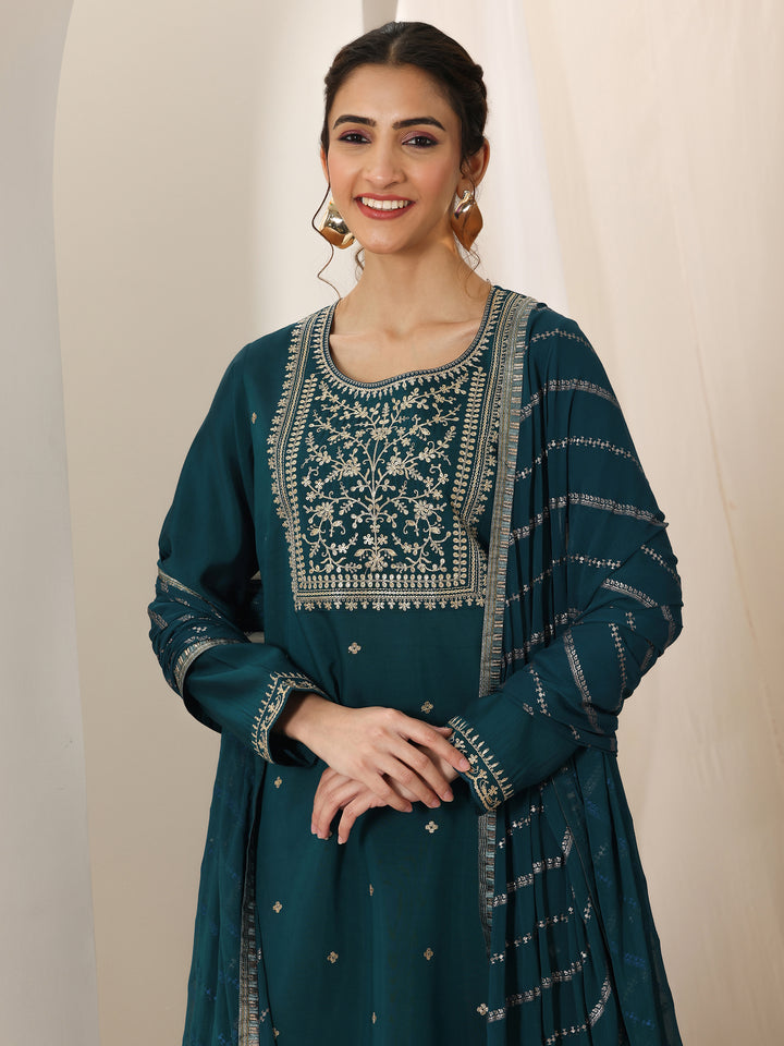 Blue Embroidered Silk Blend Straight Suit Set With Dupatta