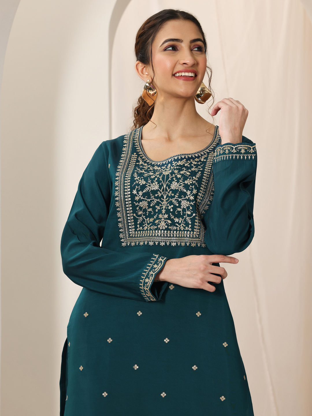 Blue Embroidered Silk Blend Straight Suit Set With Dupatta