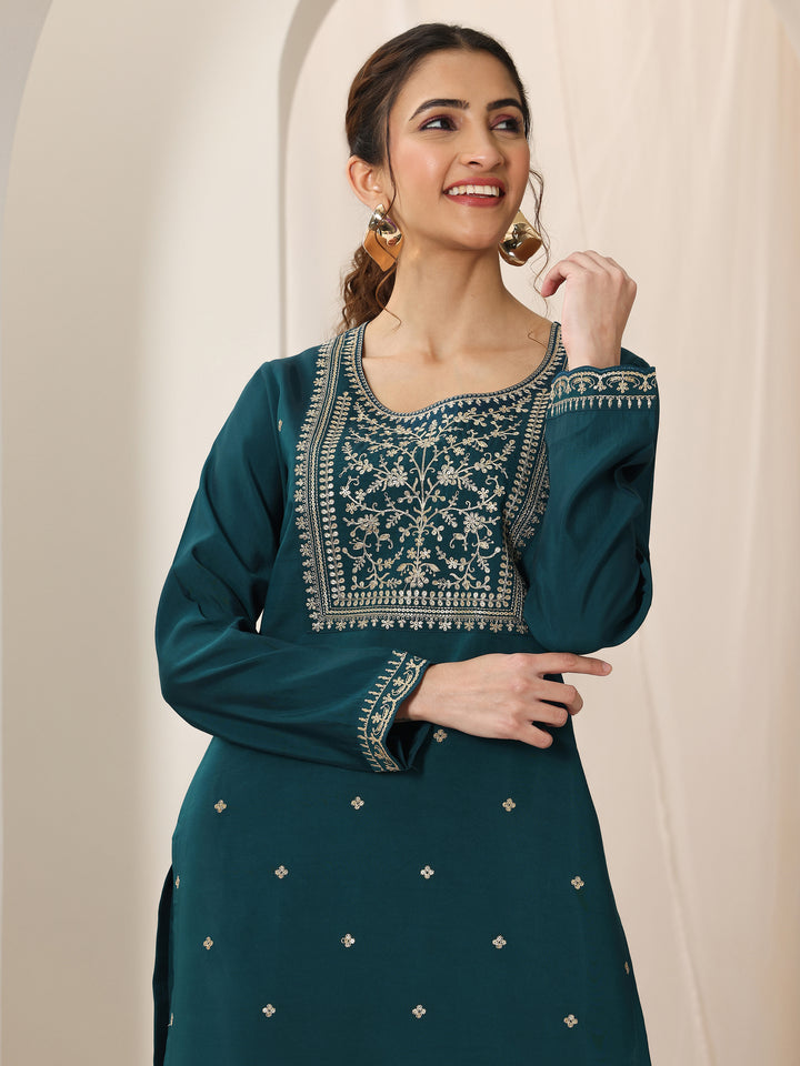 Blue Embroidered Silk Blend Straight Suit Set With Dupatta