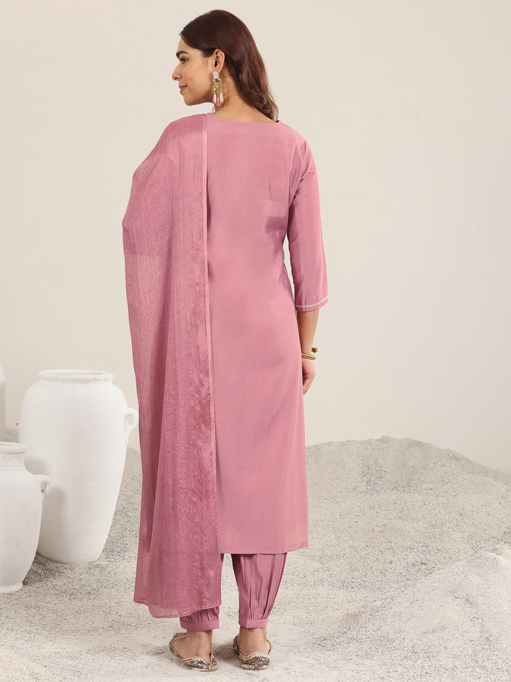 Mauve Embroidered Silk Blend Straight Suit With Dupatta