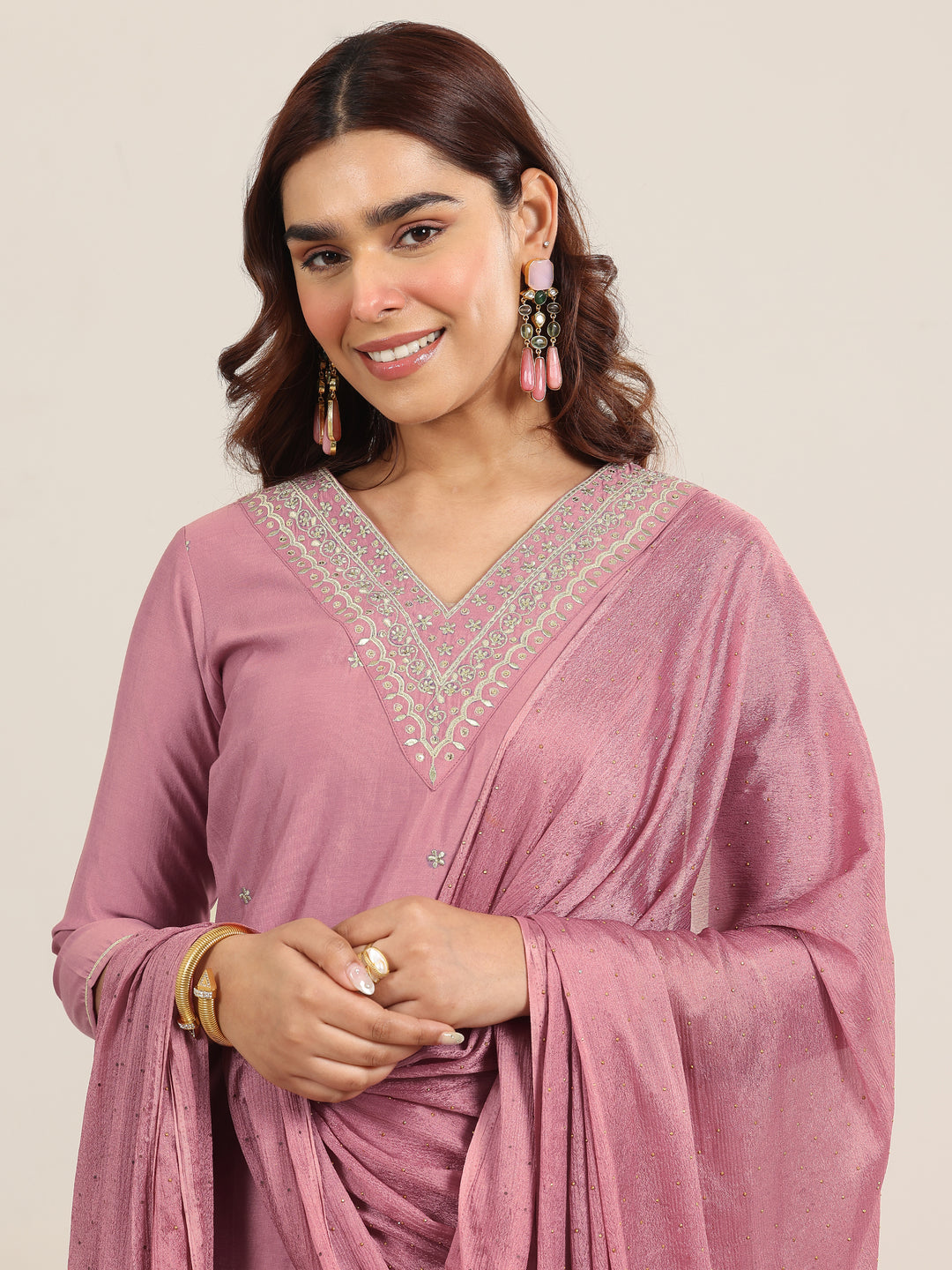 Mauve Embroidered Silk Blend Straight Suit With Dupatta
