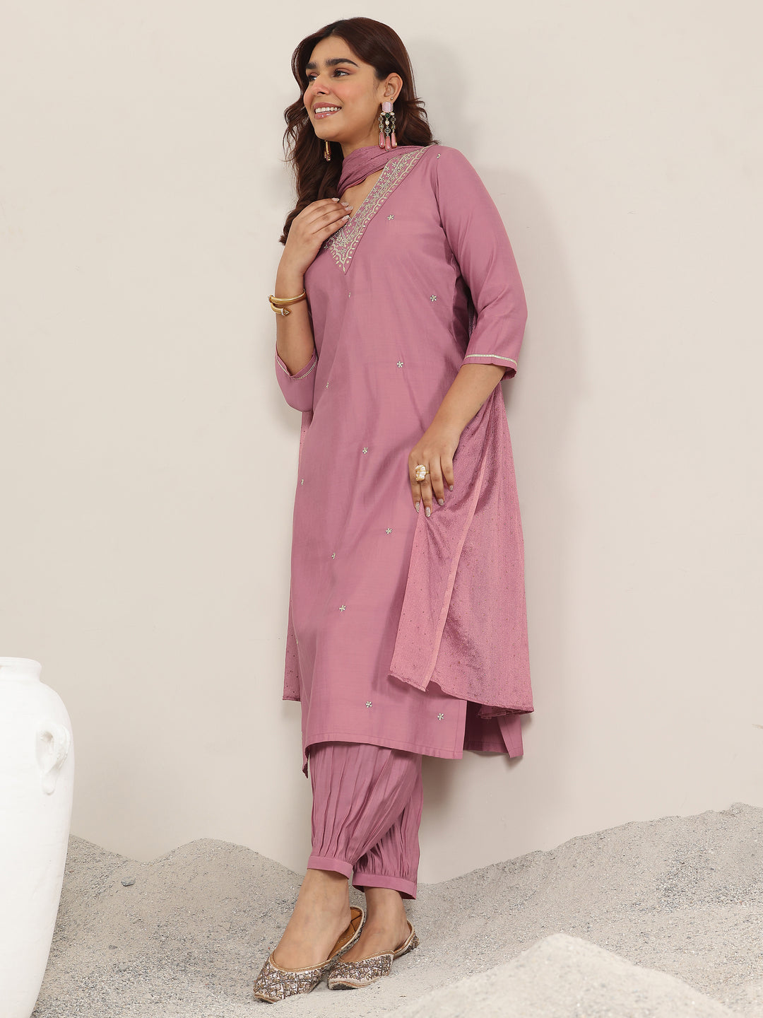 Mauve Embroidered Silk Blend Straight Suit With Dupatta