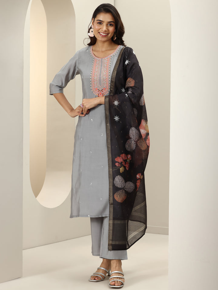 Grey Embroidered Silk Blend Straight Suit Sets With Dupatta
