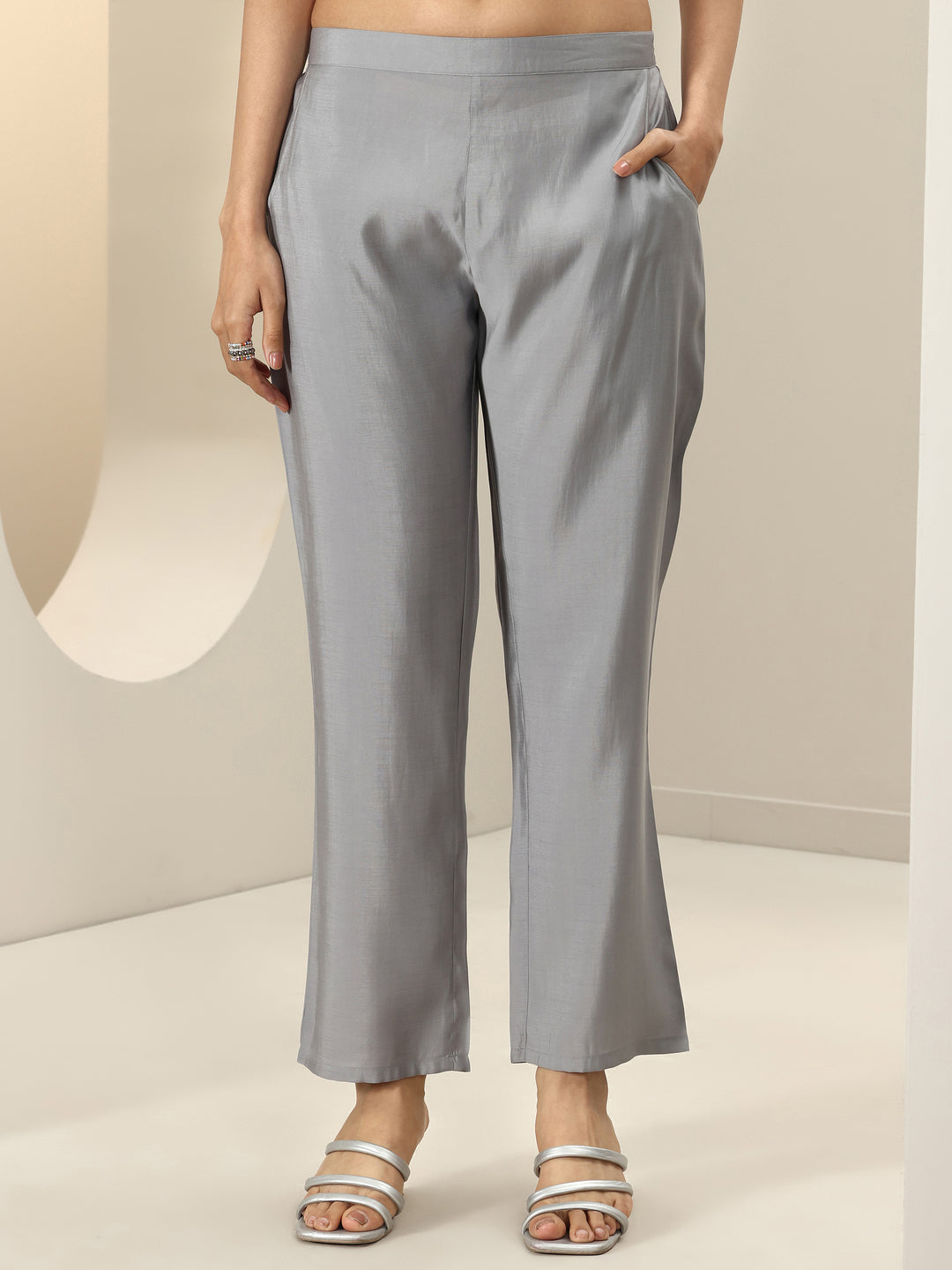 Grey Embroidered Silk Blend Straight Suit Sets With Dupatta