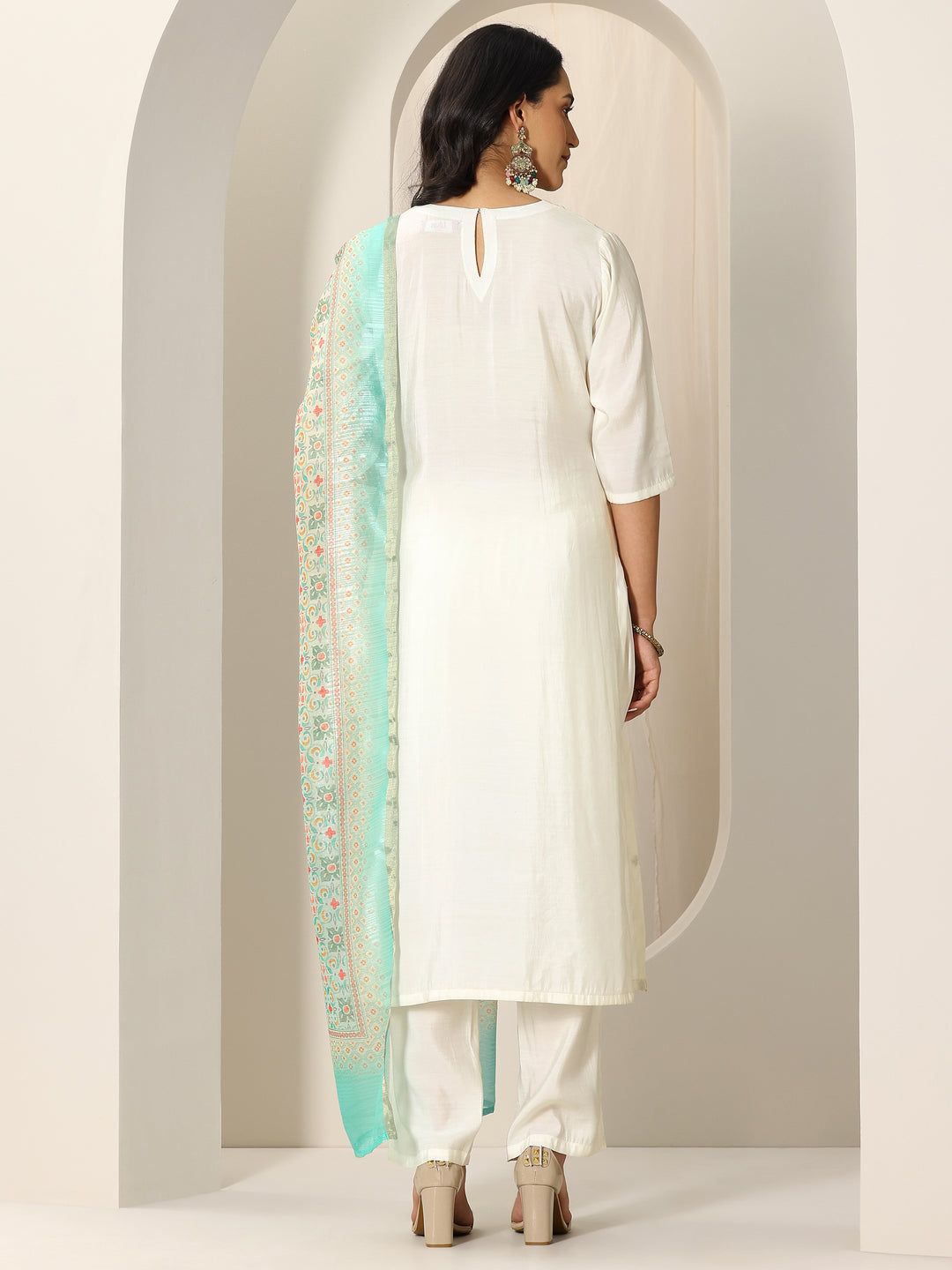 White Embroidered Silk Blend Straight Suit Set With Dupatta