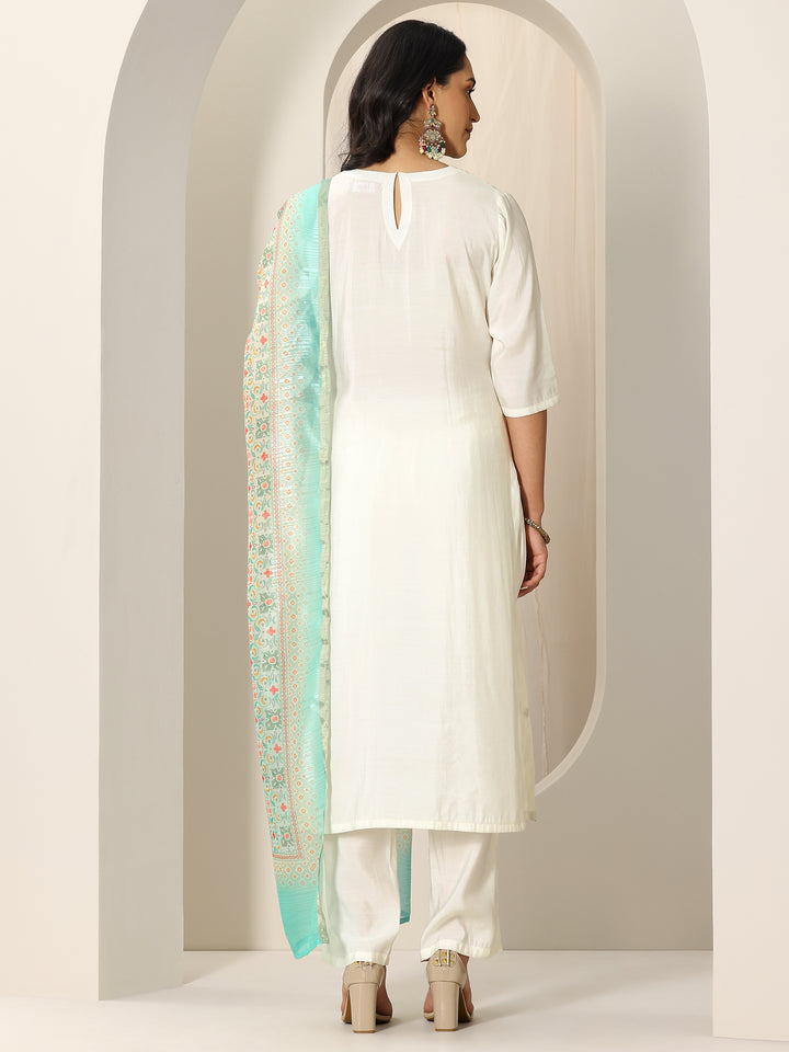 White Embroidered Silk Blend Straight Suit Set With Dupatta