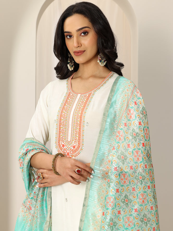 White Embroidered Silk Blend Straight Suit Set With Dupatta