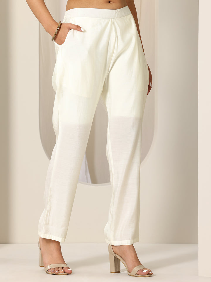 White Embroidered Silk Blend Straight Suit Set With Dupatta
