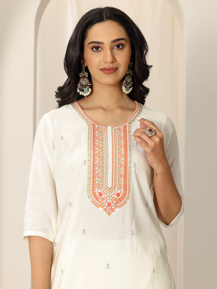 White Embroidered Silk Blend Straight Suit Set With Dupatta
