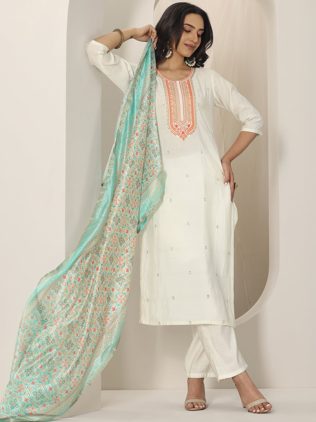 White Embroidered Silk Blend Straight Suit Set With Dupatta