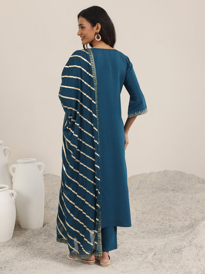 Blue Embroidered Silk Blend A-Line Suit Set With Dupatta