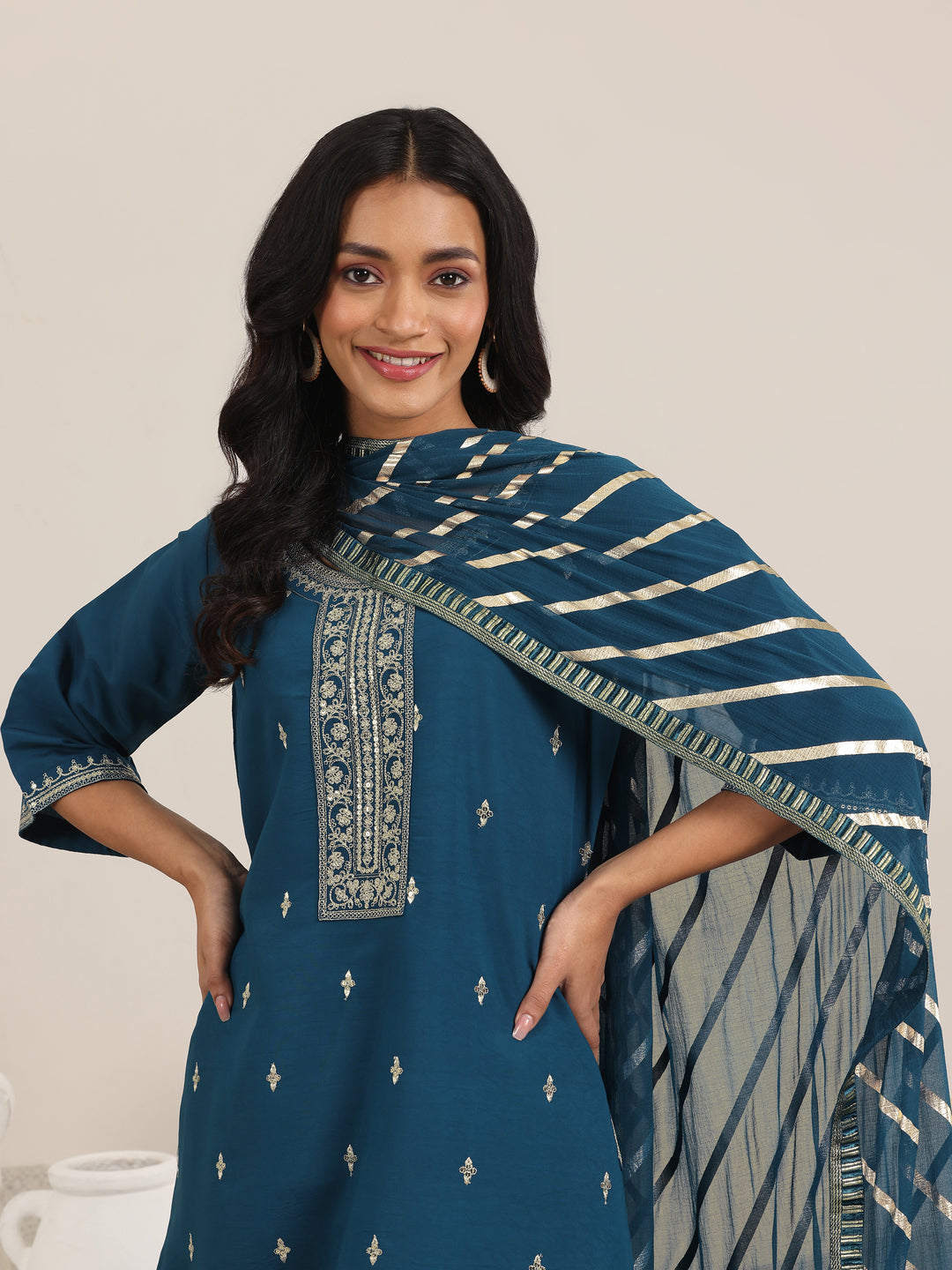 Blue Embroidered Silk Blend A-Line Suit Set With Dupatta