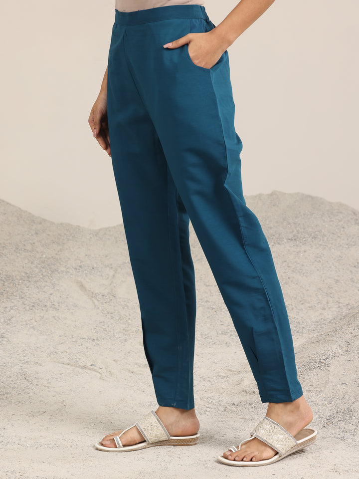 Blue Embroidered Silk Blend A-Line Suit Set With Dupatta