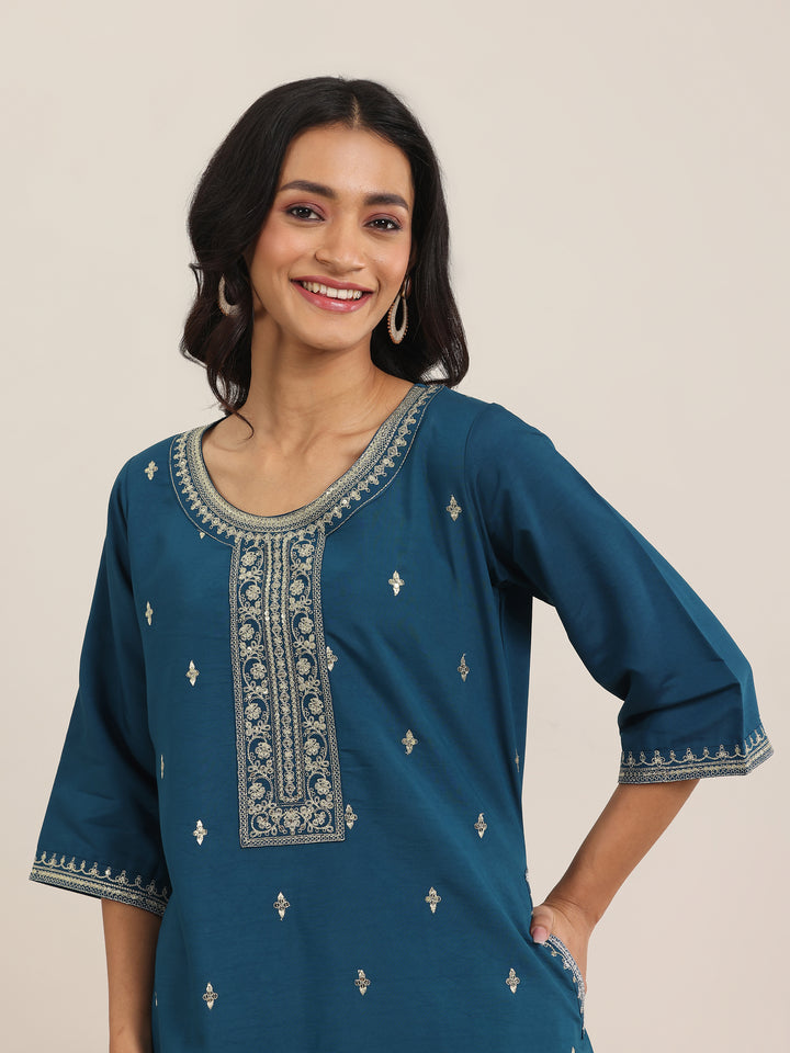 Blue Embroidered Silk Blend A-Line Suit Set With Dupatta