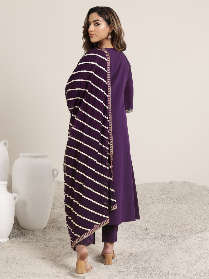 Burgundy Embroidered Silk Blend A-Line Suit Set With Dupatta