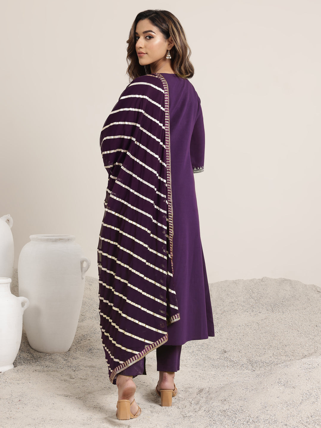 Burgundy Embroidered Silk Blend A-Line Suit Set With Dupatta