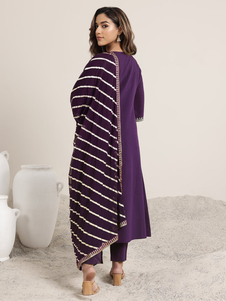 Burgundy Embroidered Silk Blend A-Line Suit Set With Dupatta