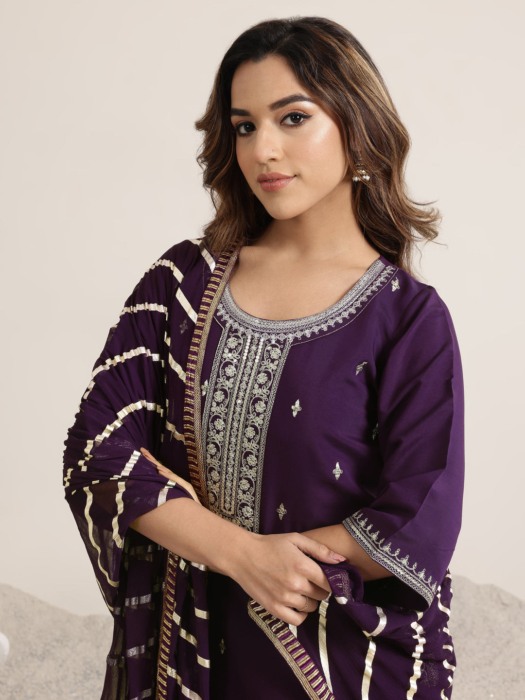 Burgundy Embroidered Silk Blend A-Line Suit Set With Dupatta