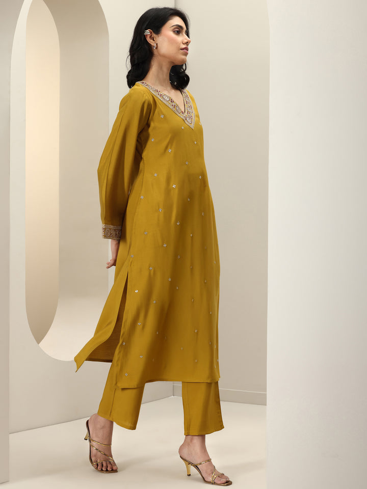 Mustard Embroidered Silk Blend Straight Suit Sets With Dupatta