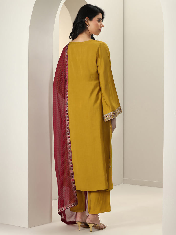 Mustard Embroidered Silk Blend Straight Suit Sets With Dupatta